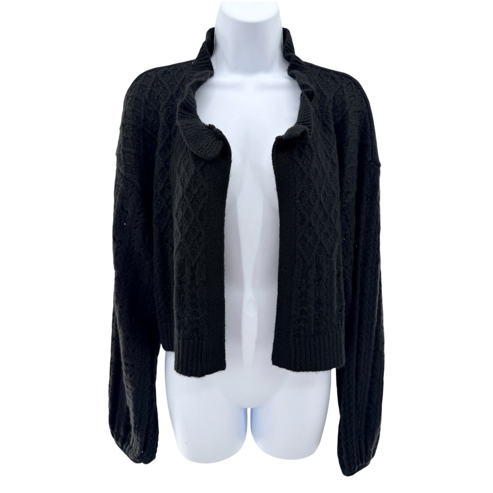 Flat White Black Metallic Cable‎ Knit Shrug Cardigan Ruffle Neck OS Cozy Luxe